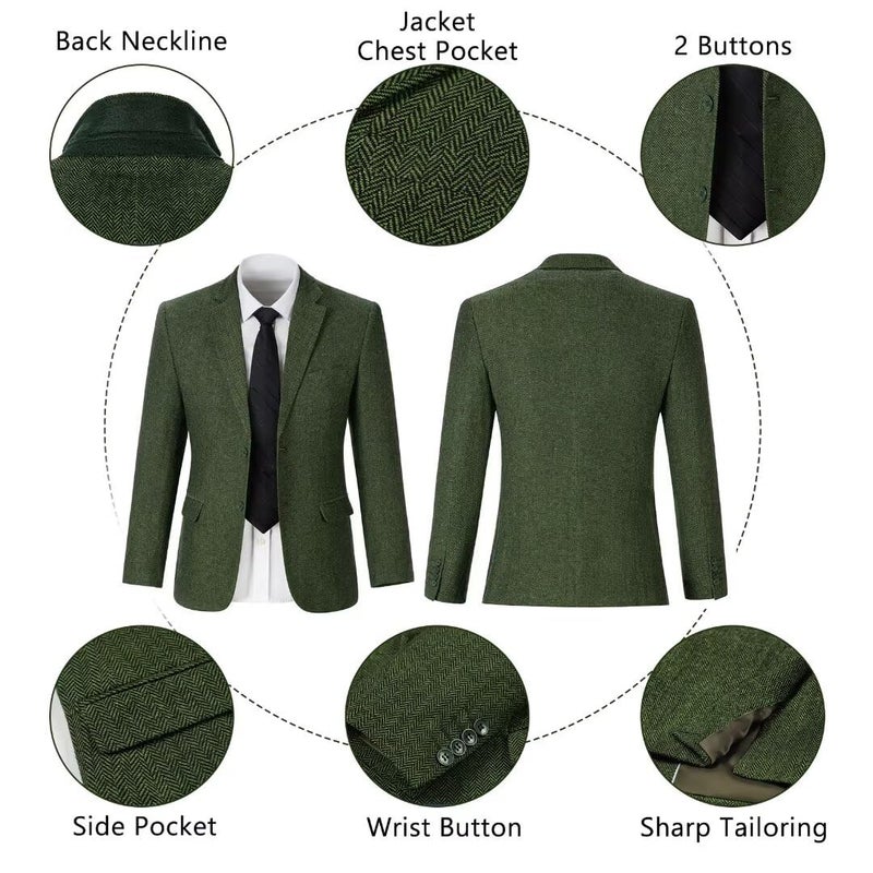 BOFAN Retro Mens 2 Pieces Tweed Herringbone Suit 2 Bottons Blazer Business Wedding Jacket Pants Tuxedo Set Green 3XL - Image 2