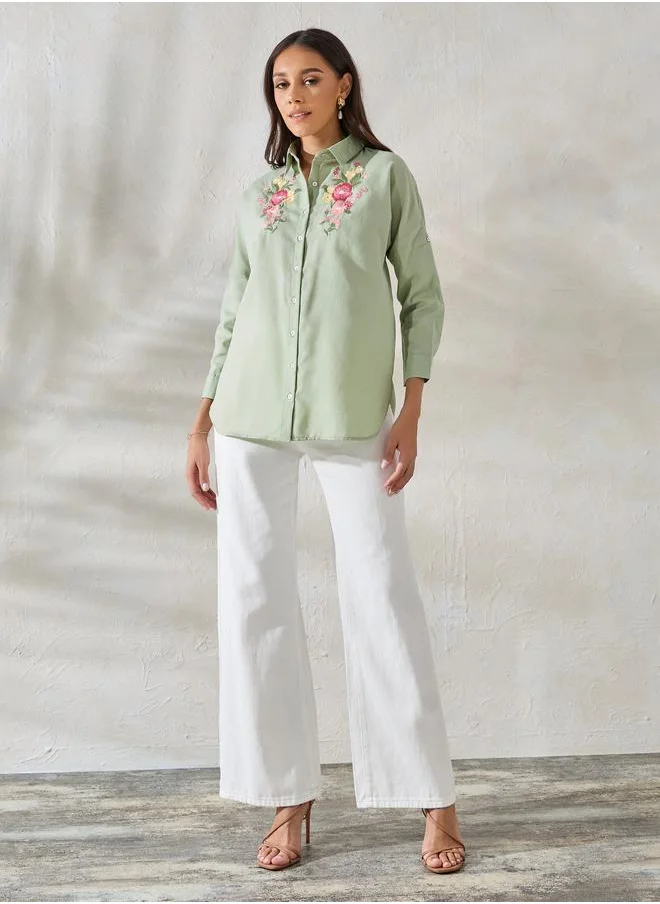 Styli Styli Embroidered Yoke Oversized Shirt with Roll-Up Sleeves