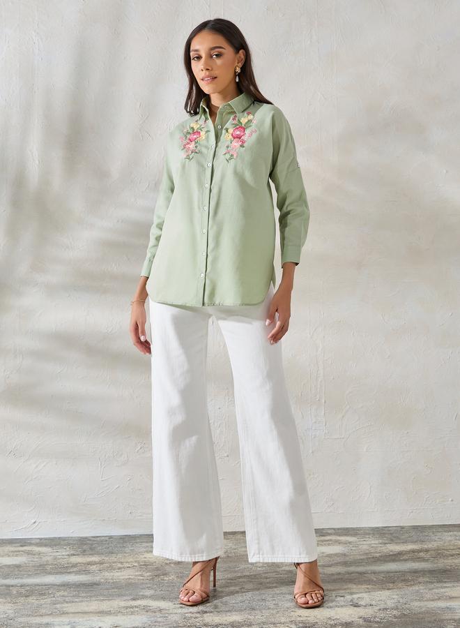 Styli Embroidered Yoke Oversized Shirt with Roll-Up Sleeves - Image 2