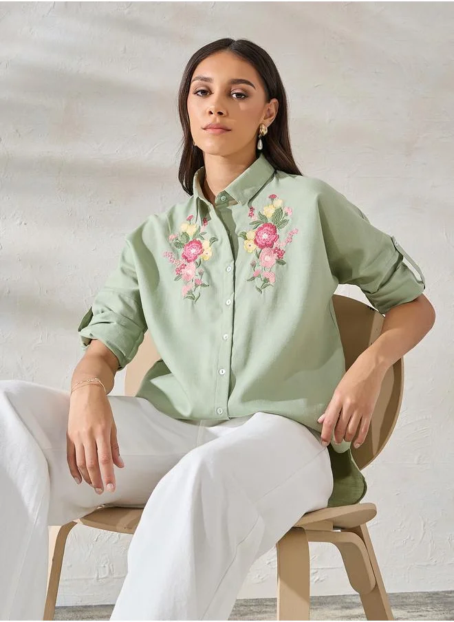 Styli Styli Embroidered Yoke Oversized Shirt with Roll-Up Sleeves