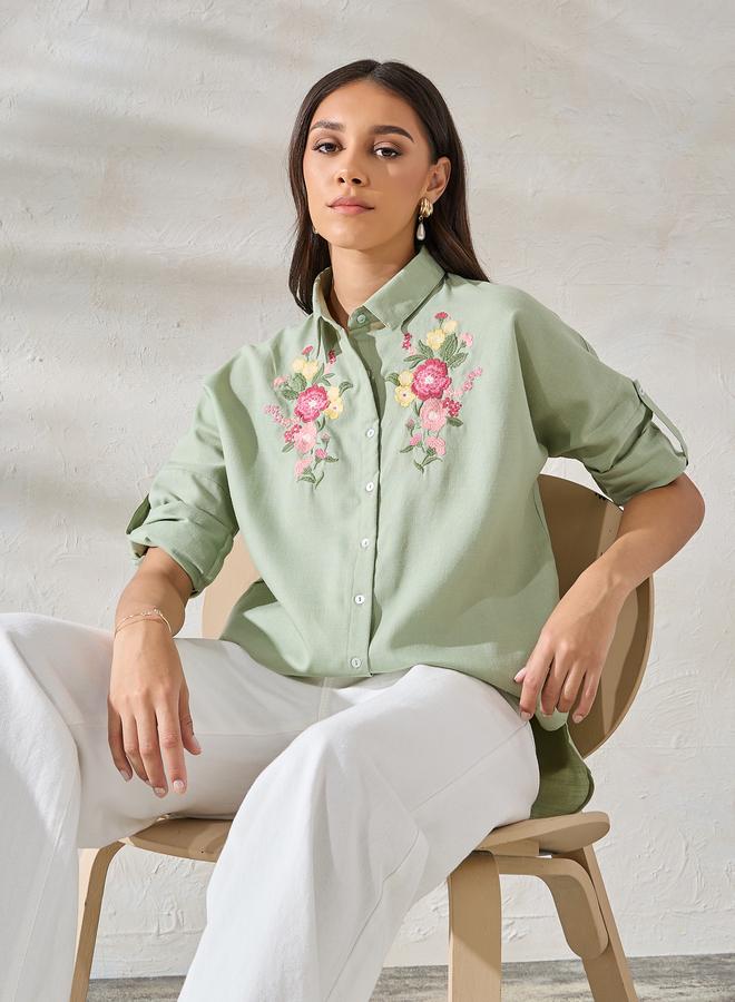 Styli Embroidered Yoke Oversized Shirt with Roll-Up Sleeves - Image 1