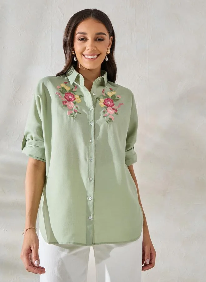 ستايلي Styli Embroidered Yoke Oversized Shirt with Roll-Up Sleeves