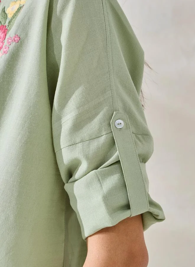 ستايلي Styli Embroidered Yoke Oversized Shirt with Roll-Up Sleeves