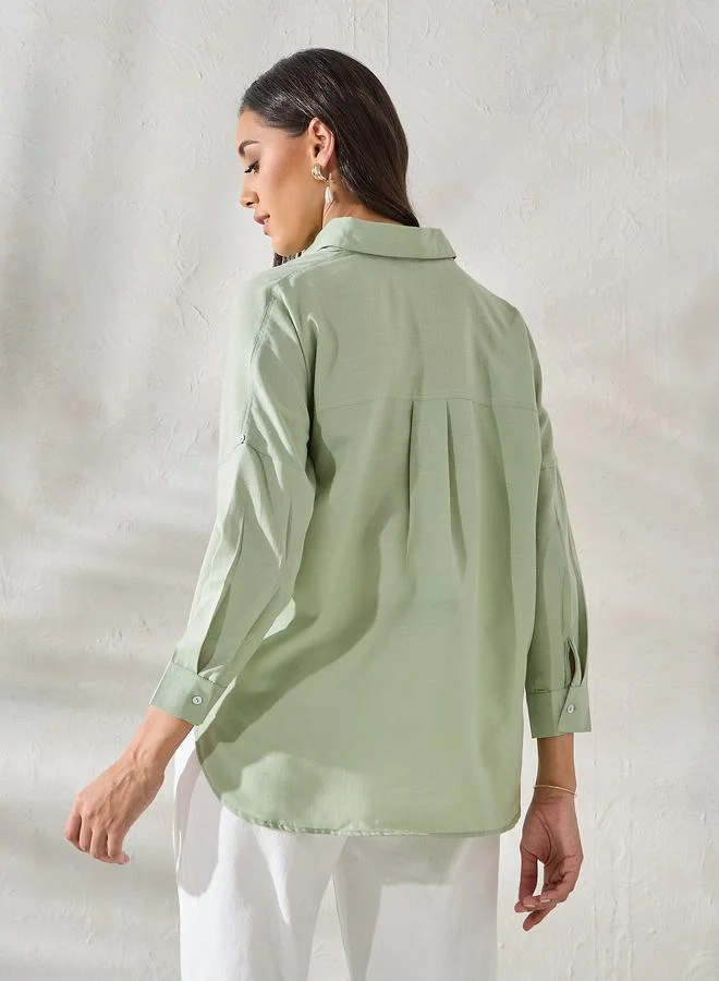 ستايلي Styli Embroidered Yoke Oversized Shirt with Roll-Up Sleeves