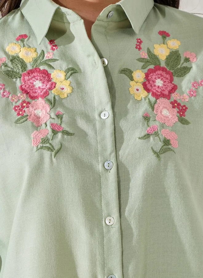 ستايلي Styli Embroidered Yoke Oversized Shirt with Roll-Up Sleeves