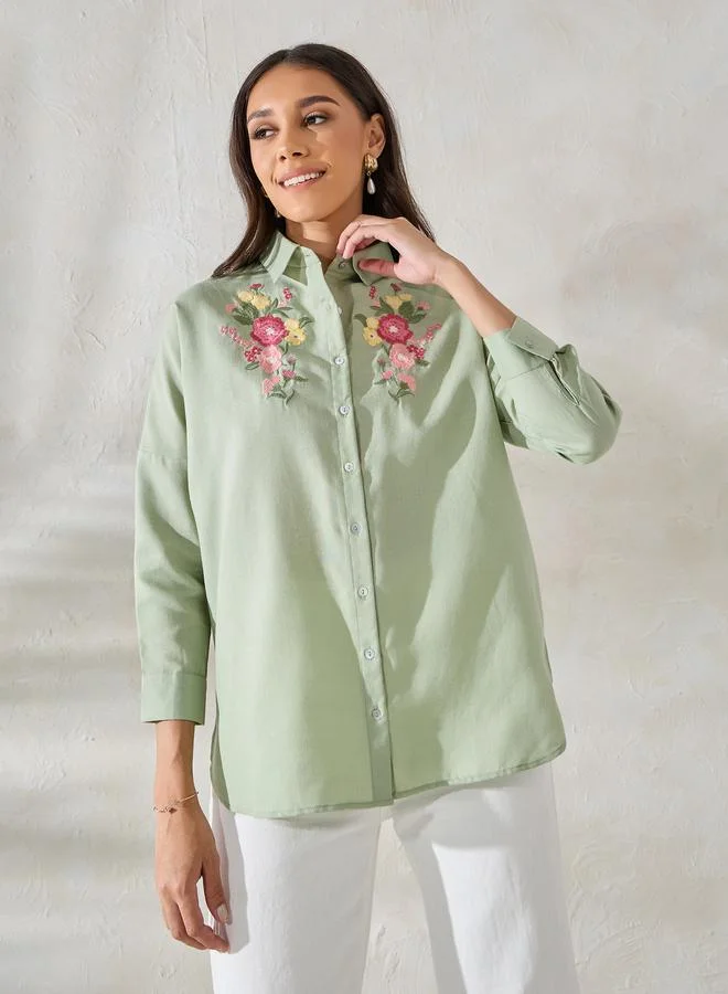 ستايلي Styli Embroidered Yoke Oversized Shirt with Roll-Up Sleeves