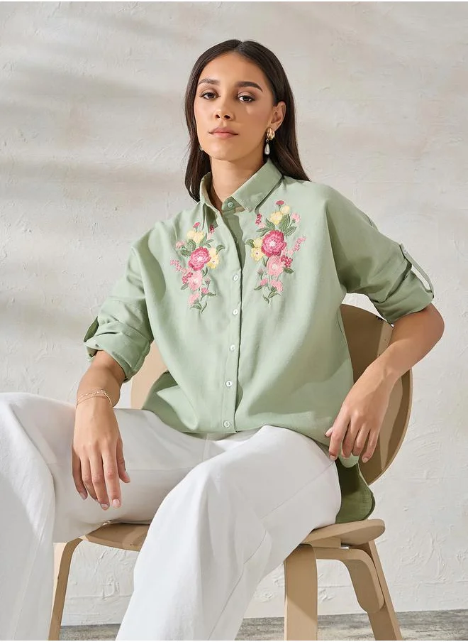 Styli Embroidered Yoke Oversized Shirt with Roll-Up Sleeves