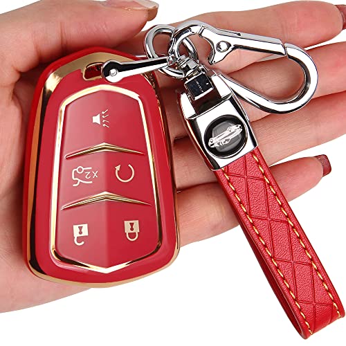 TECARATE for Cadillac Key Fob Cover - Key Fob Cover Case Holder for 2015-2019 Cadillac Escalade CTS SRX XT5 ATS STS CT6 Superior Soft TPU 360 Degree Full Protection (Red) - Image 1