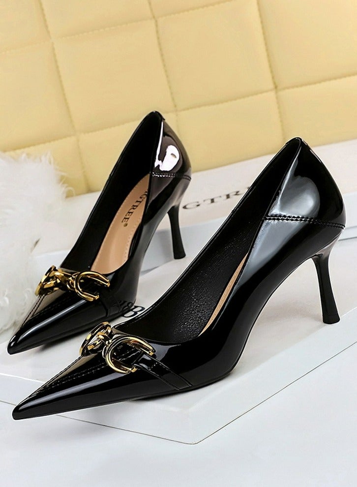 BIGTREE Women's Elegant Stiletto Pumps With Metal Belt Buckle 7CM Fashion Gorgeous Closed Pointed Toe Slip On Solid High Heels Black 