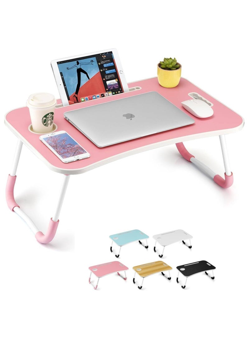 MOMENT طاولة سرير قابلة للطي محمولة، مكتب لابتوب مع حامل آيباد وكوب، صينية لاب توب قابلة للتعديل، أرجل غير قابلة للانزلاق، طاولة قراءة للعمل والدراسة والتخييم 60×40×28 سم متنوعة - Image 1