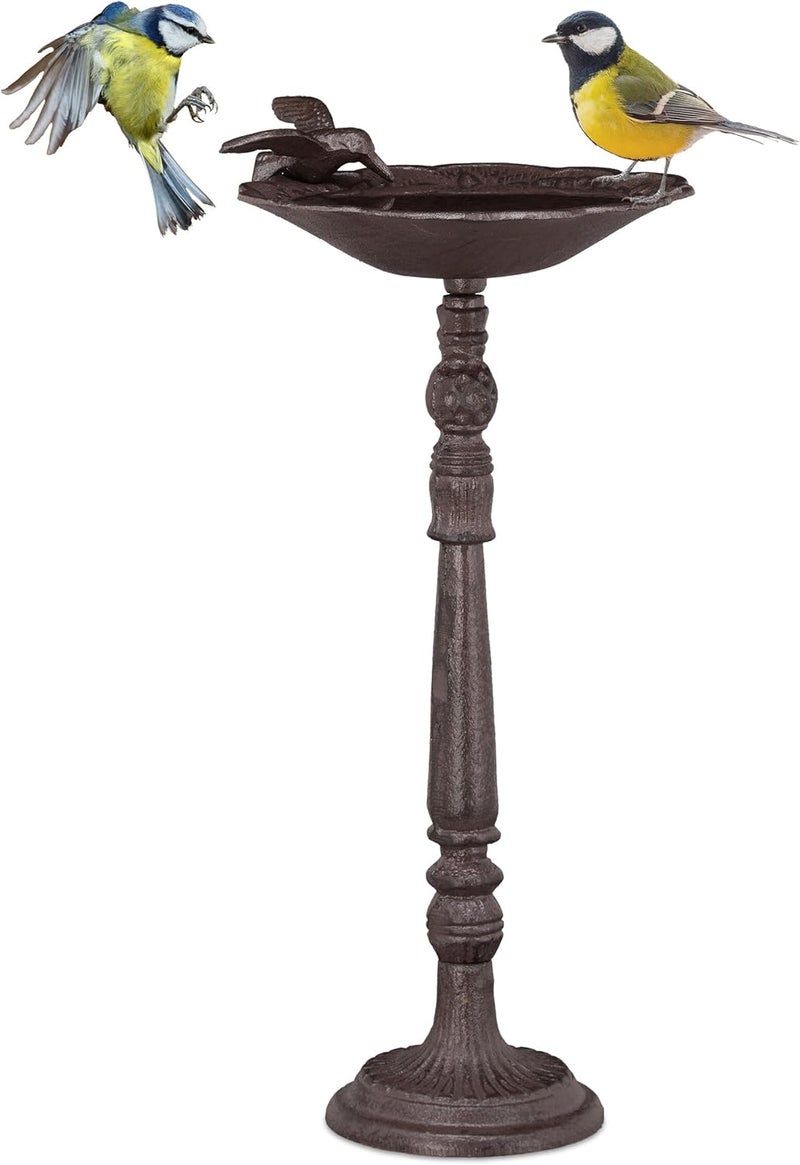 Relaxdays Cast Iron Bird Bath with Stand, Garden Decor, Bird Feeder, Water Bowl, 40 cm Tall, Brown - Image 1