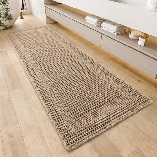 AMOAMI Waffle Bath-Mat, Absorbent Bath Mats for Bathroom Non Slip, Machine Washable Bathroom Rugs with Tassels Ultra Soft Boho Bath Rugs for Floor 2'x6'(24"x72") Beige - Image 1