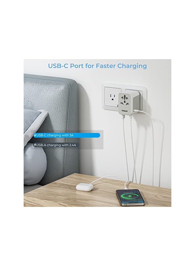TESSAN محول تيسان العالمي، محول سفر عالمي مع 2 منفذ USB A و 3 منفذ USB C، محول سفر دولي للاتحاد الأوروبي، المملكة المتحدة، الولايات المتحدة الأمريكية، أستراليا، شاحن مقبس الطاقة لعدة دول - Image 3