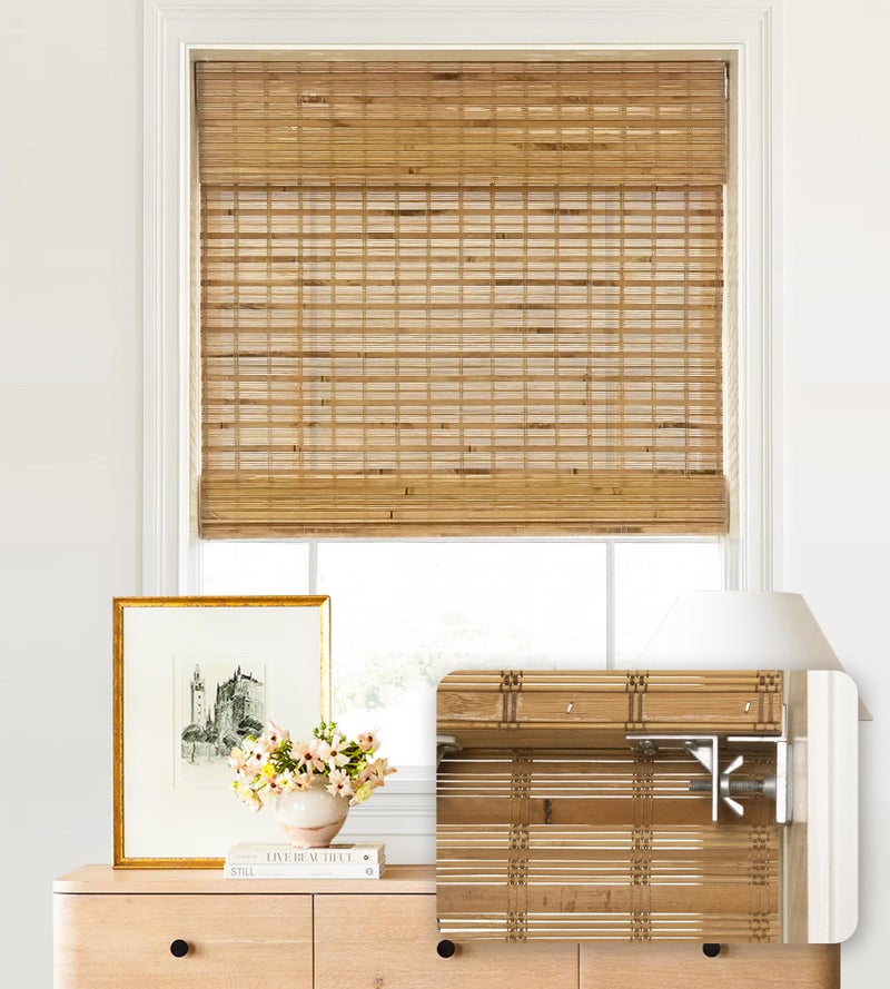 LazBlinds No Tools No Drill Cordless Bamboo Roman Shades, Light Filtering Window Treatment, Roll Up Bamboo Blinds for Windows 35'' W x 64'' H, Dali Native - Image 1
