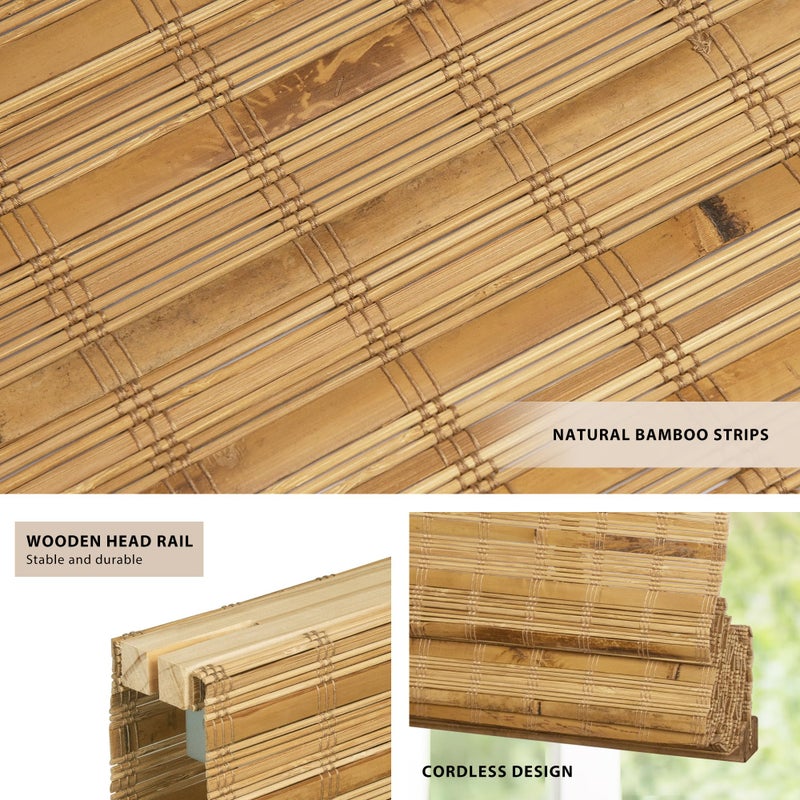 LazBlinds No Tools No Drill Cordless Bamboo Roman Shades, Light Filtering Window Treatment, Roll Up Bamboo Blinds for Windows 35'' W x 64'' H, Dali Native - Image 2
