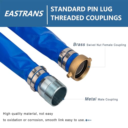 Eastrans 1.5" x 100' Heavy Duty Discharge Hose with NPT Pin Lug and Nipple Fittings, Reinforced BLue PVC Pool Backwash Hose, Connect To Pump and Pipe Threaded Outlet - Image 2