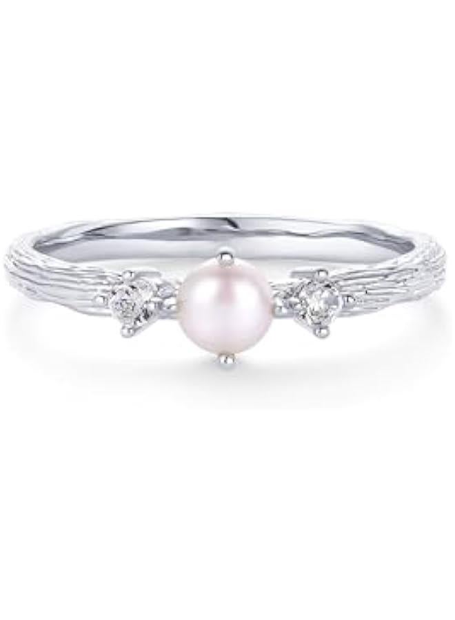 PAVOI 14K Gold Plated Pearl Hammered Ring for Women | Dainty Elegant Stackable Cubic Zirconia Thin Band for Women - Image 3