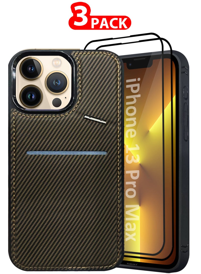 CATANES iPhone 13 Pro Max 3Pack Case Leather Cover Card Holder and Kickstand with 2 Screen Protector Tempered Glassfor Men Women Phone Case with Carbon Fiber Pattern  - Image 1