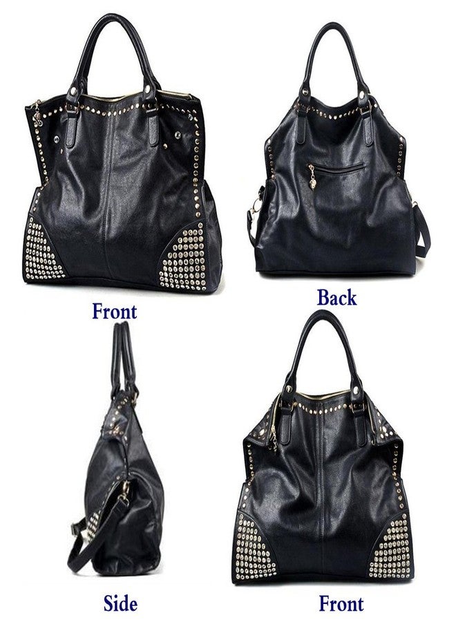 FiveloveTwo Women LadiesPunk Handbag Purse Middle Size Top Handle Shoulder Crossbody Bag Gold Rivet Satchel Tote Black - Image 2