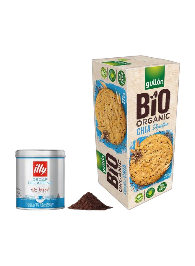 Illy Ground Decaffeinated Espresso Coffee 125g & Gullon Bio Organic Chia Digestive Biscuits 270g Bundle - Image 1