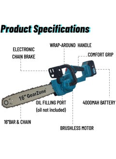 GearZone 21V-4.0Ah-16inch Cordless Portable Electric Chainsaw, Dual Lithium Battery Driven Lithium Electric Chainsaw-Blue  - Image 2