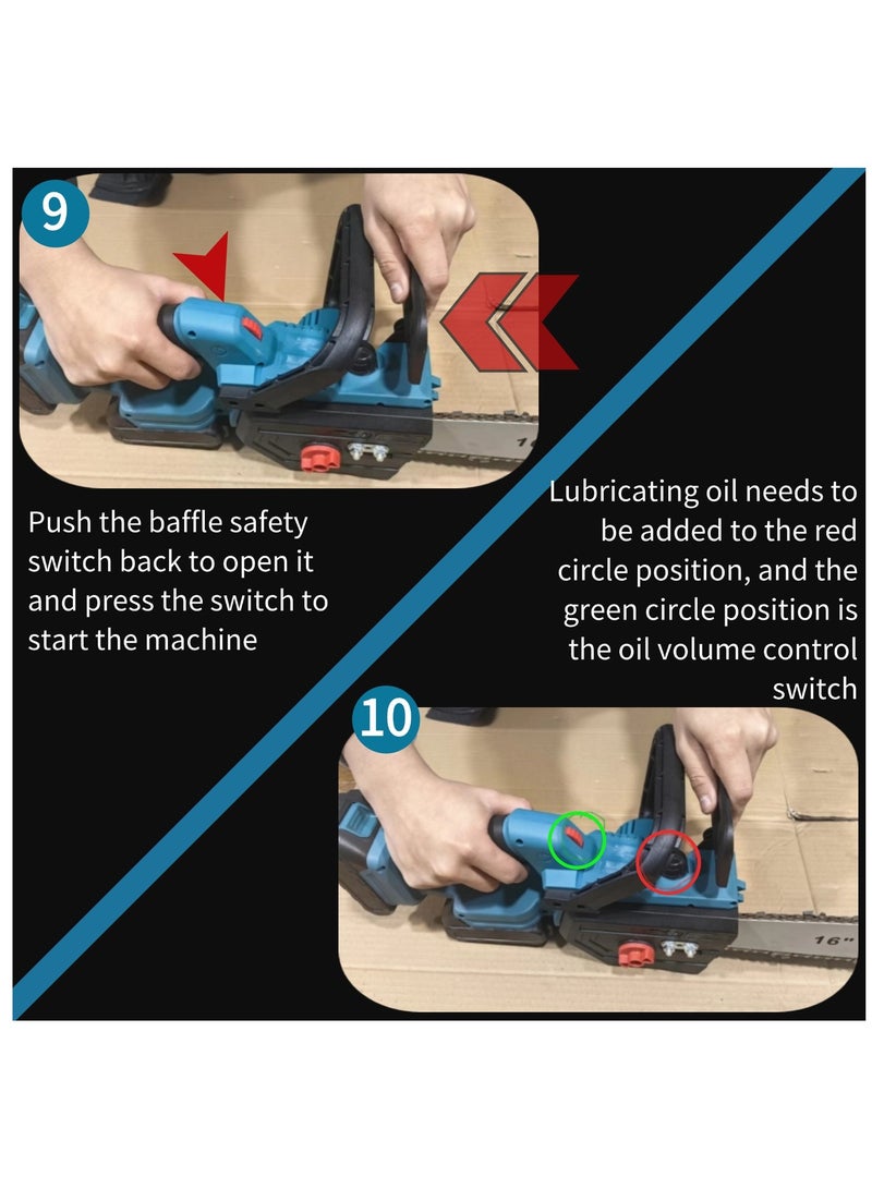 21V-4.0Ah-16inch Cordless Portable Electric Chainsaw, Dual Lithium Battery Driven Lithium Electric Chainsaw-Blue