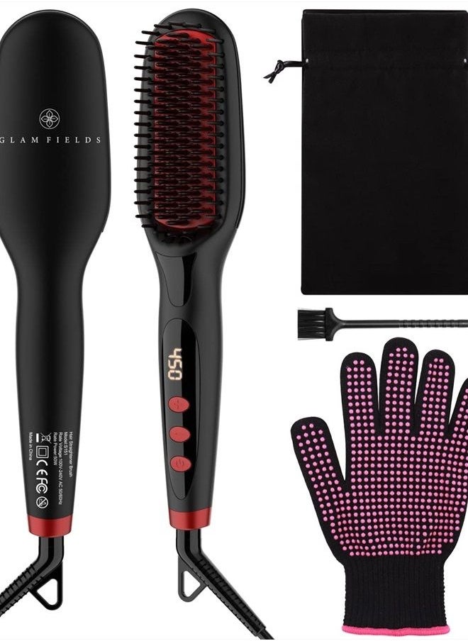 GLAMFIELDS - Ionic Hair Straightener Brush Upgrade 2.0,GLAMFIELDS Electrical Heated Hair Straightening with Faster Heating, MCH Ceramic Technology, Auto Temperature Lock, Anti Scald, Heat Resistant Glove(Black-01) - Image 1