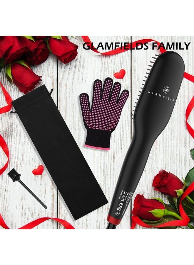 GLAMFIELDS - Ionic Hair Straightener Brush Upgrade 2.0,GLAMFIELDS Electrical Heated Hair Straightening with Faster Heating, MCH Ceramic Technology, Auto Temperature Lock, Anti Scald, Heat Resistant Glove(Black-01) - Image 1