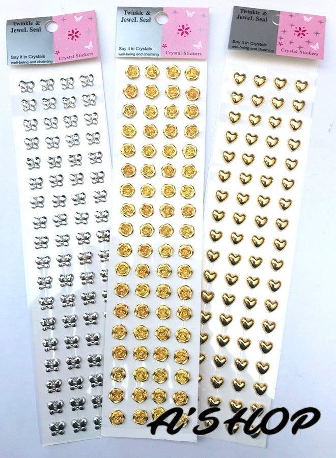 A'SHOP Silver Golden Crystal Metallic Rose; Heart and Butterfly/Star Self Adhesive Stickers for Art and Craft (Set of 3) - Image 1