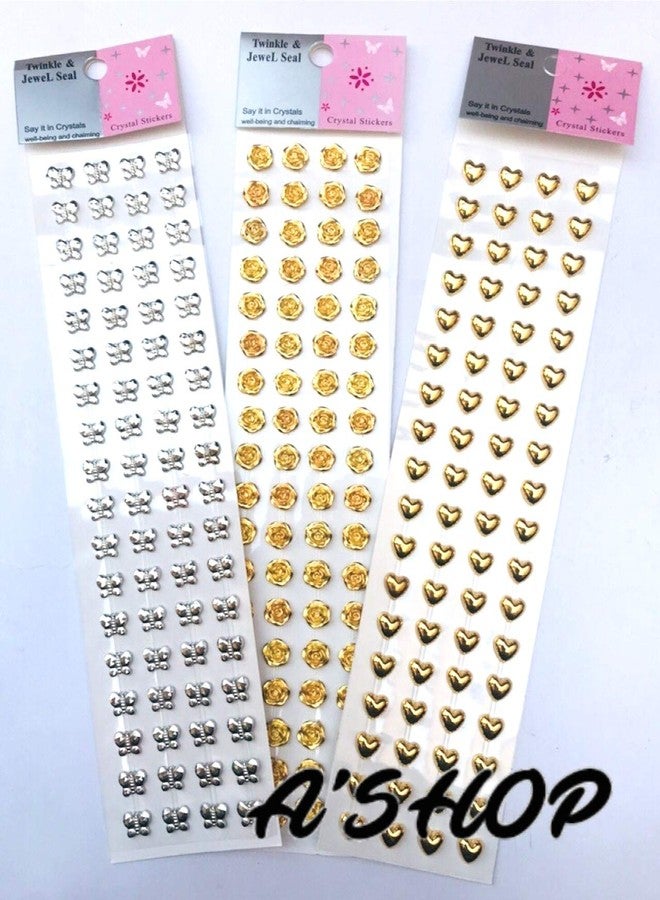 A'SHOP Silver Golden Crystal Metallic Rose; Heart and Butterfly/Star Self Adhesive Stickers for Art and Craft (Set of 3) - Image 3