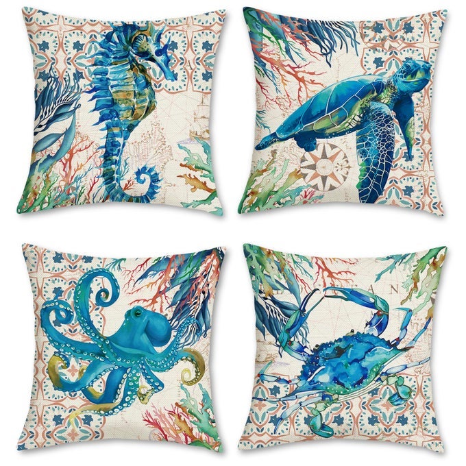 NAUTICAL COASTAL OCEAN THROW PILLOW COVERS 18 X 18 INCH SET OF 4 SEA TURTLE SEAHORSE OCTOPUS OUTDOOR DECORATIVE PILLOW CASES POLYESTER LINEN CUSHION COVERS FOR SOFA COUCH BEDROOM HOME DCOR