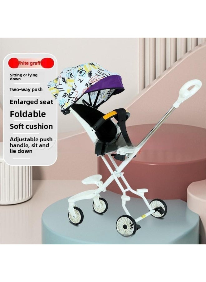 ORiTi Baby Stroller With Foldable Four Wheeled Walking Tool For Babies, Suitable For Sitting Or Lying Down - White - Image 2