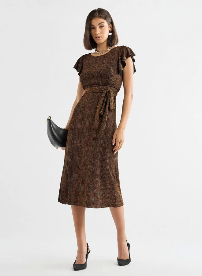 سبلاش فيڤ فستان ميدي بارز الملمس بأكمام واسعة وحزام رباط