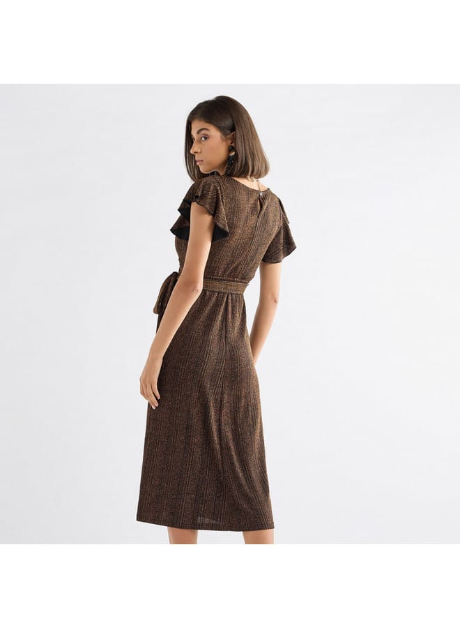 Textured Midi Dress with Flutter Sleeves and Tie-Up Belt