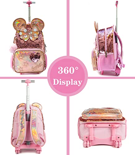 Meetbelify Rolling Backpack for Girls School Backpack with Lunch Box for Elementary Student Wheels Roller Trolley Luggage - Image 3