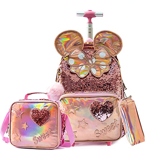 Meetbelify Rolling Backpack for Girls School Backpack with Lunch Box for Elementary Student Wheels Roller Trolley Luggage - Image 1