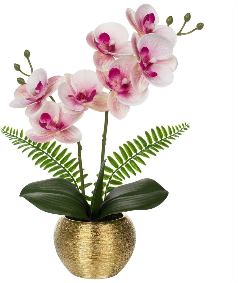 Briful Fake Orchid Fake Plant 13''Pink Orchids Artificial Flowers with Gold Ceramic Vase Faux Orchid for Home Office Chritsmas Table Centerpiece Decor Indoor - Image 1