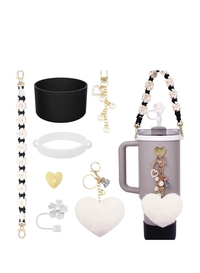 Generic 7-Piece Water Bottle Accessories Set for Stanley Cup 30oz & 40oz Tumblers Includes Handle Strap, Silicone Boot, Straw Cover Cap, and Pearl Keychain Charms - Image 1