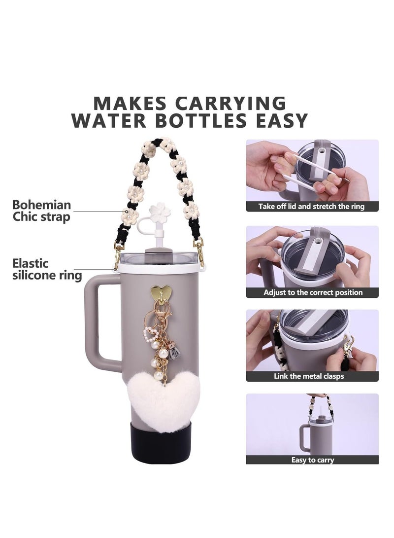 Generic 7-Piece Water Bottle Accessories Set for Stanley Cup 30oz & 40oz Tumblers Includes Handle Strap, Silicone Boot, Straw Cover Cap, and Pearl Keychain Charms - Image 2