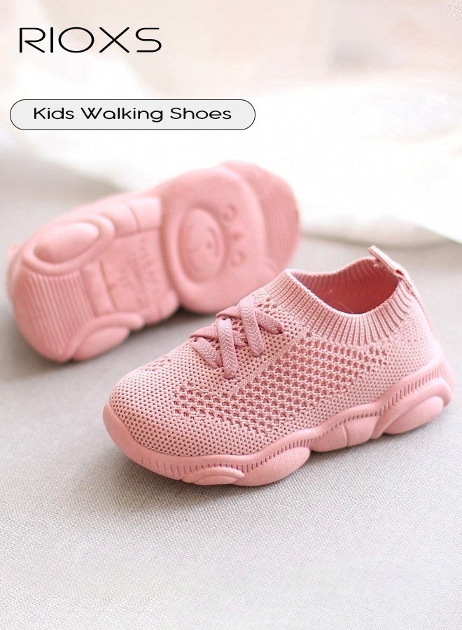 RIOXS Toddler Shoes, Baby Girls Boys Barefoot Shoes, Round Toe Kids Sneakers, Soft Comfy Slip-on Shoes, Breathable Mesh Tennis Shoes, Lightweight Preschool Walking Shoes, Kindergarten Flexible Sneakers, Anti-slip Baby Sock Shoes- Pink Shoes  - Image 1
