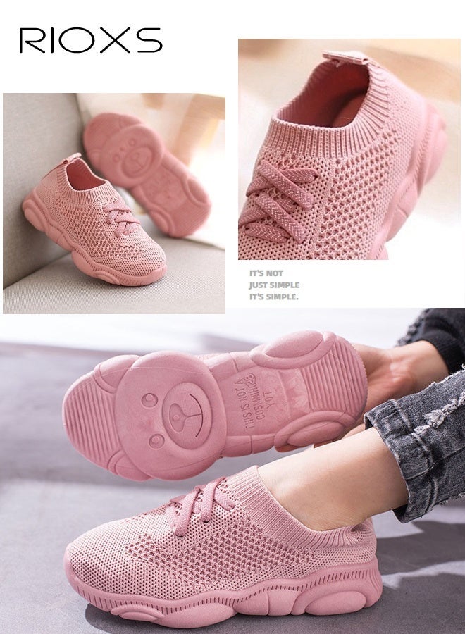 RIOXS Toddler Baby Shoes, Breathable Mesh Sneakers for Little Kids, Baby Girls Boys Barefoot Shoes, Soft Comfy Slip-on Shoes, Lightweight Round Toe Walking Shoes, Casual Athletic Shoes for Boys Girls, Preschool Kids Tennis Shoes, Kindergarten Flexible Low Top Sneaker, Anti-slip Baby Sock Shoes, Pink Shoes - Image 1