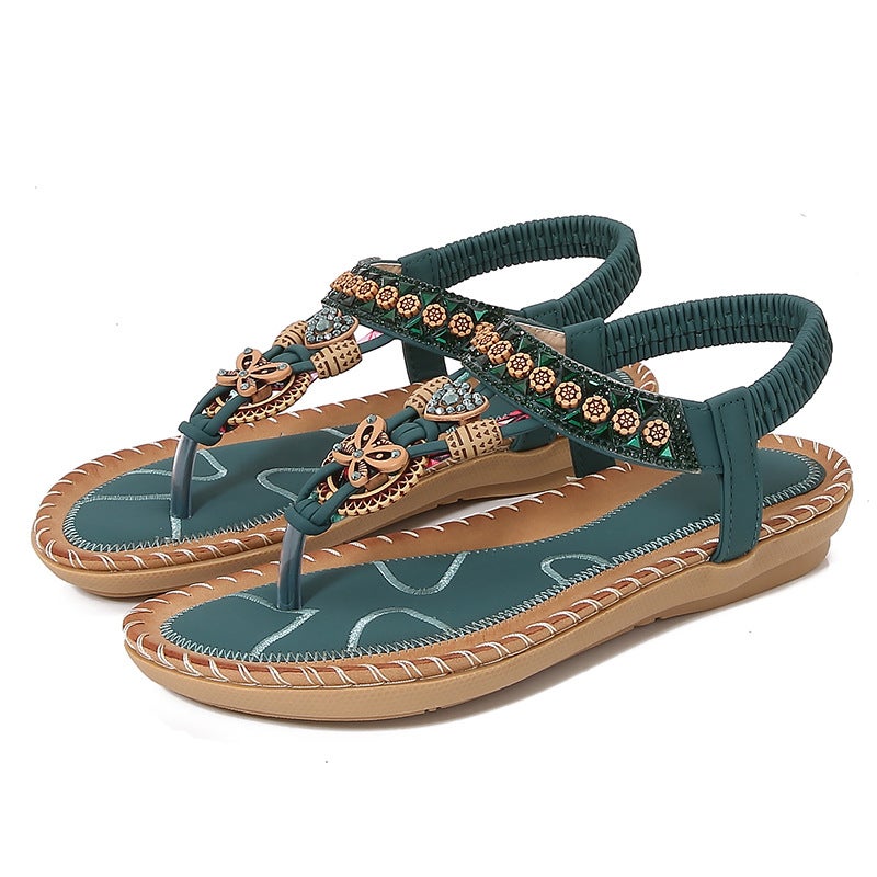 Yasirun New Flat Sandals Bohemian Sandals for Women Summer Rhinestone Evening Style Round Toe Flip-Flops Open-Toe Sandals - Image 1