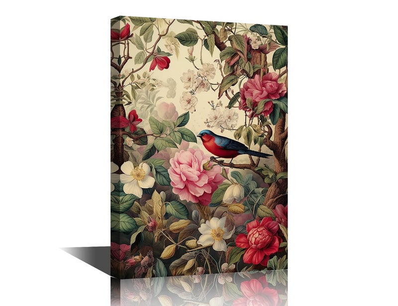 1Panels Vintage Brown Background Wall Art for Living Room The Bird Stood On The Branch Canvas Bird and Flowers Wall Art Posters and Prints Modern Artwork Ready to Hang for Bedroom Office 18x12in