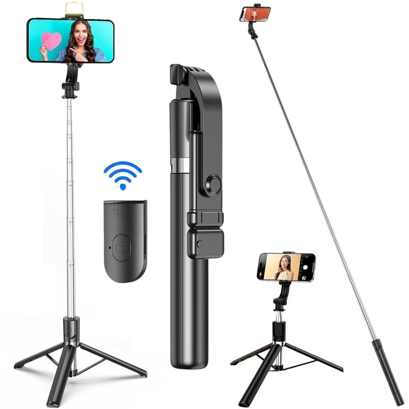 TARAVEE -62 inch Extra Long,Selfie Stick with Tripod Stand, 360 Degree,with LED Light, selfi Stick for Mobile Phone/iPhone/GoPro/Camera,Bluetooth Selfie Stick with BT Remote Control-Black - Image 1