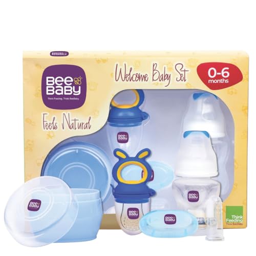 BeeBaby Premium Welcome Baby Gift Set for Newborn Infants. Perfect for Birthday Gift Set or Stater kit with Powder Puff | Nibbler Fruit Feeder | Finger Brush and Feeding Bottle. (Blue) 0 Months+ - Image 1