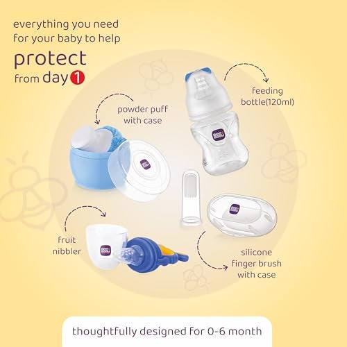 BeeBaby Premium Welcome Baby Gift Set for Newborn Infants. Perfect for Birthday Gift Set or Stater kit with Powder Puff | Nibbler Fruit Feeder | Finger Brush and Feeding Bottle. (Blue) 0 Months+ - Image 3