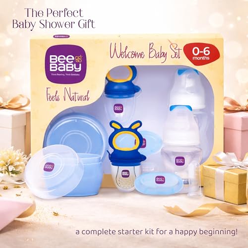BeeBaby Premium Welcome Baby Gift Set for Newborn Infants. Perfect for Birthday Gift Set or Stater kit with Powder Puff | Nibbler Fruit Feeder | Finger Brush and Feeding Bottle. (Blue) 0 Months+ - Image 2