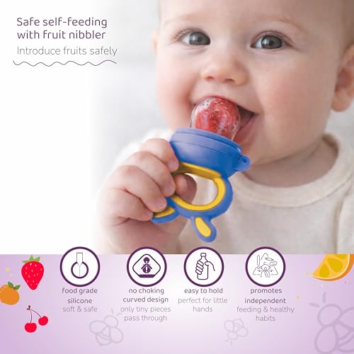 BeeBaby Premium Welcome Baby Gift Set for Newborn Infants. Perfect for Birthday Gift Set or Stater kit with Powder Puff | Nibbler Fruit Feeder | Finger Brush and Feeding Bottle. (Blue) 0 Months+ - Image 4