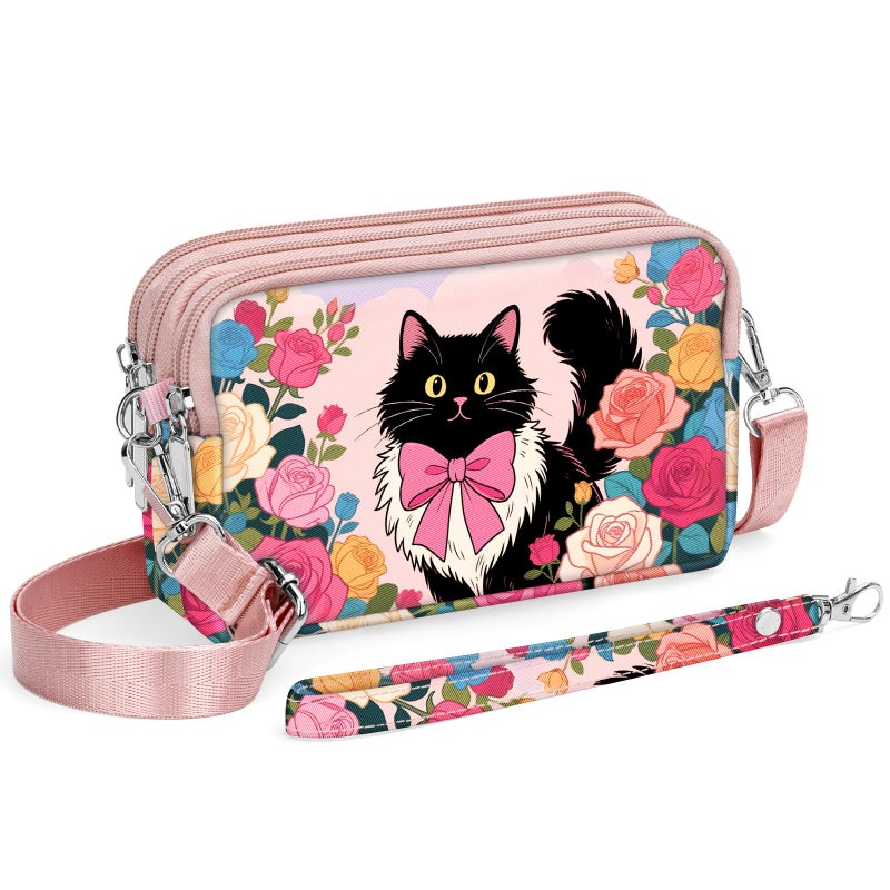 YINHEXI Small Crossbody Bag for Women Small Shoulder Handbags Nylon Quilted 3 Zippers Cell Phone Wallet Bag Purse for Women (Rose Tuxedo Cat) - Image 1