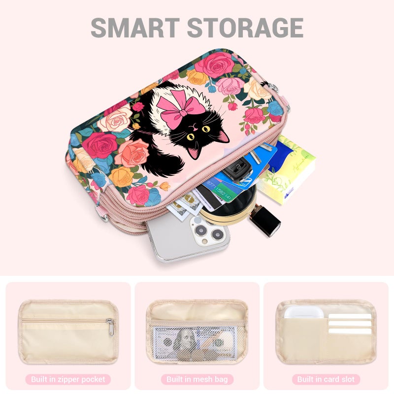 YINHEXI Small Crossbody Bag for Women Small Shoulder Handbags Nylon Quilted 3 Zippers Cell Phone Wallet Bag Purse for Women (Rose Tuxedo Cat) - Image 3